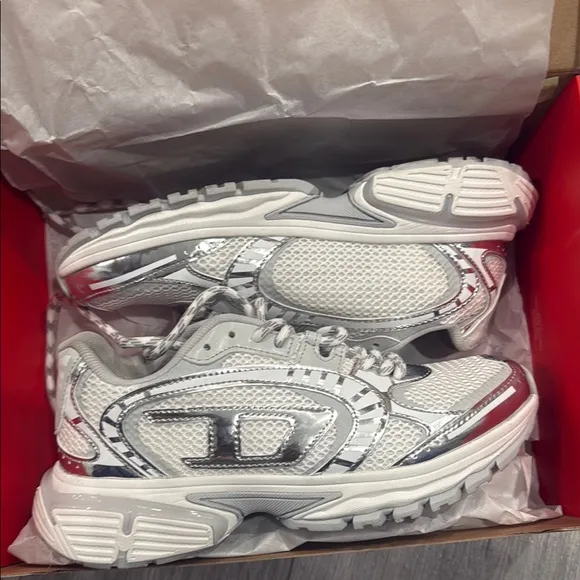 Diesel White and Silver Athletic Sneakers