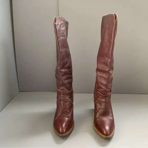 Dingo Vintage Leather Braided Tall Burgundy Western Cowgirl Boot 8 Retro Rare