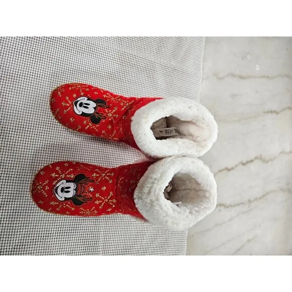 Disney Christmas Slipper Boots, Red, Size L 9/10, Festive Mickey &amp; Minnie Design