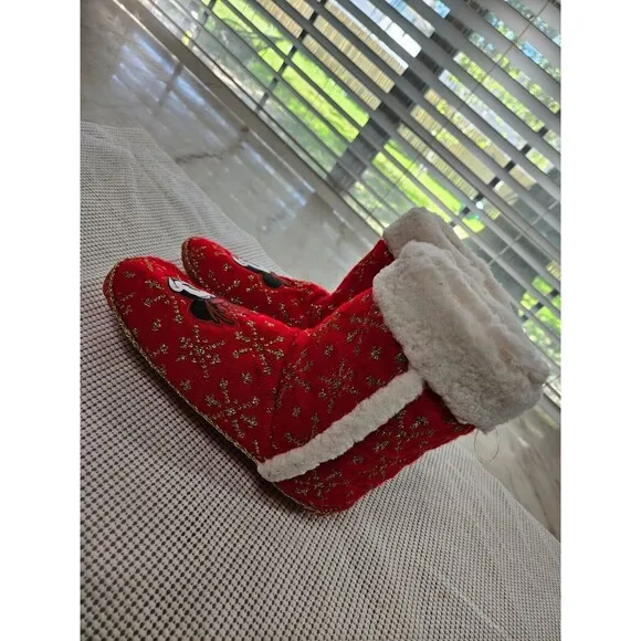 Disney Christmas Slipper Boots, Red, Size L 9/10, Festive Mickey &amp; Minnie Design