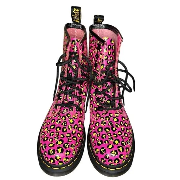 Dr. Marten’s 1460 Leopard Smooth Leather Lace Up Boots Pink Neon Size 7