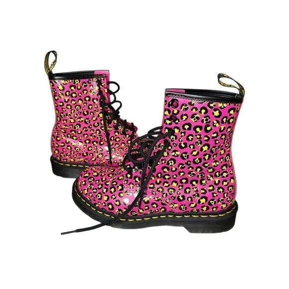 Dr. Marten’s 1460 Leopard Smooth Leather Lace Up Boots Pink Neon Size 7