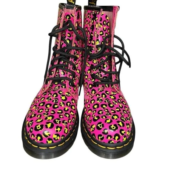Dr. Marten’s 1460 Leopard Smooth Leather Lace Up Boots Pink Neon Size 7