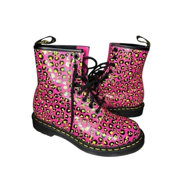 Dr. Marten’s 1460 Leopard Smooth Leather Lace Up Boots Pink Neon Size 7