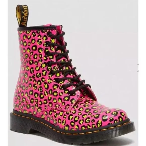 Dr. Marten’s 1460 Leopard Smooth Leather Lace Up Boots Pink Neon Size 7
