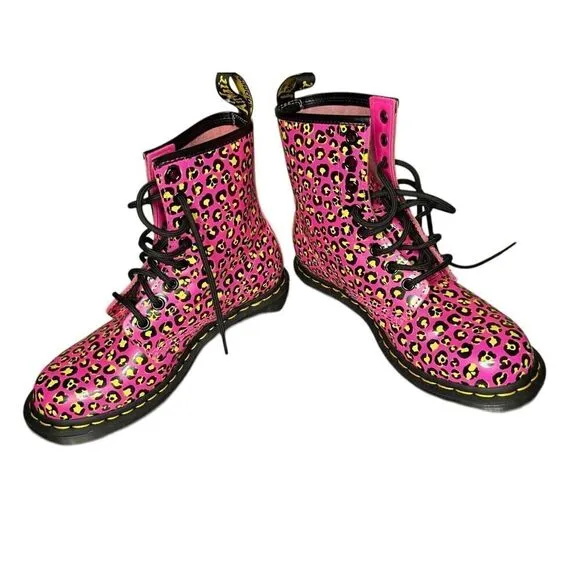 Dr. Marten’s 1460 Leopard Smooth Leather Lace Up Boots Pink Neon Size 7