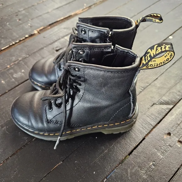 Dr. Martens Black Leather Combat Boots Kids Girls 12 Lace Up Side Zipper AirWair