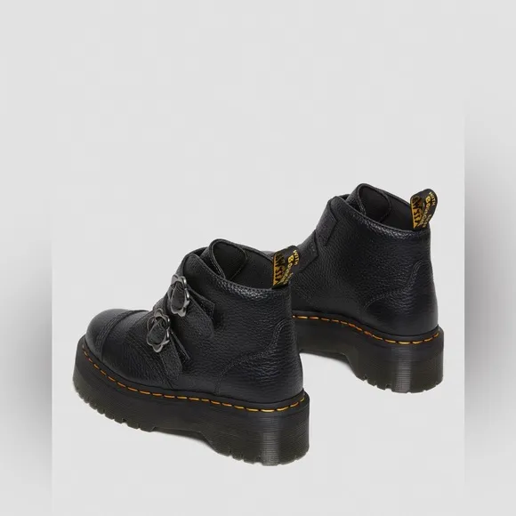 Dr. Martens Devon Flower Buckle Leather Platform Boots in Black Milled Nappa