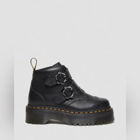 Dr. Martens Devon Flower Buckle Leather Platform Boots in Black Milled Nappa