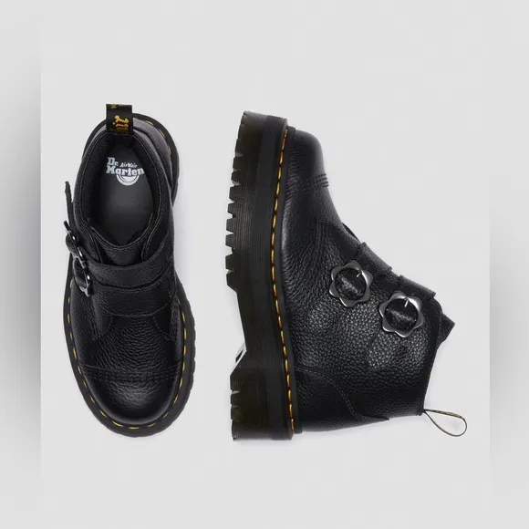 Dr. Martens Devon Flower Buckle Leather Platform Boots in Black Milled Nappa