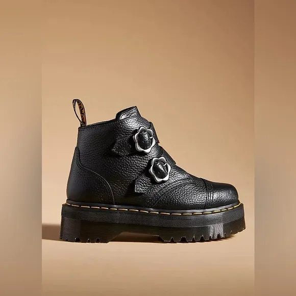 Dr. Martens Devon Flower Buckle Leather Platform Boots in Black Milled Nappa