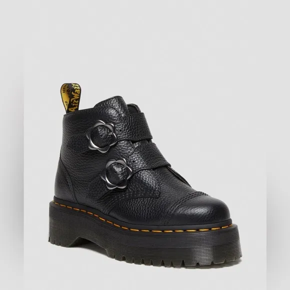 Dr. Martens Devon Flower Buckle Leather Platform Boots in Black Milled Nappa