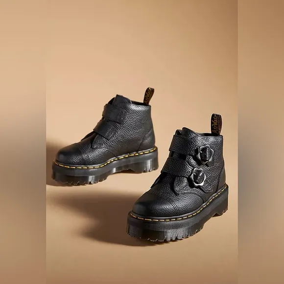 Dr. Martens Devon Flower Buckle Leather Platform Boots in Black Milled Nappa