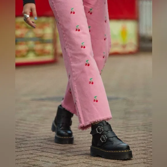 Dr. Martens Devon Flower Buckle Leather Platform Boots in Black Milled Nappa
