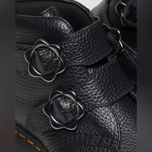 Dr. Martens Devon Flower Buckle Leather Platform Boots in Black Milled Nappa
