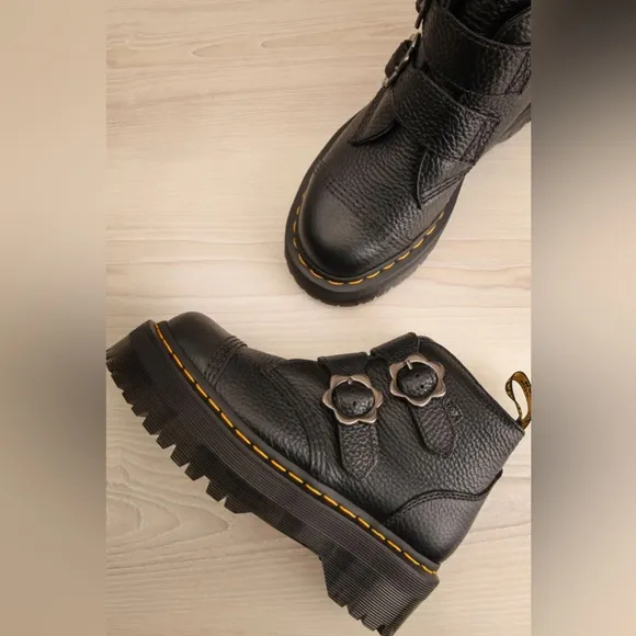 Dr. Martens Devon Flower Buckle Leather Platform Boots in Black Milled Nappa