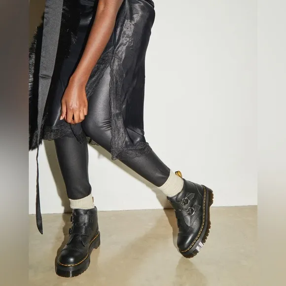 Dr. Martens Devon Flower Buckle Leather Platform Boots in Black Milled Nappa