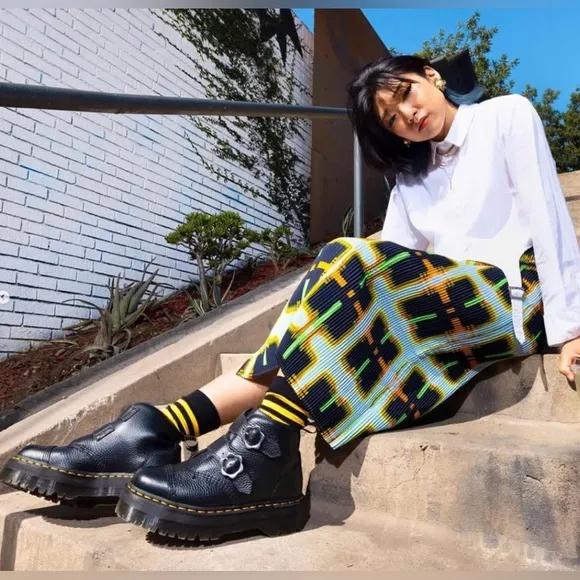 Dr. Martens Devon Flower Buckle Leather Platform Boots in Black Milled Nappa