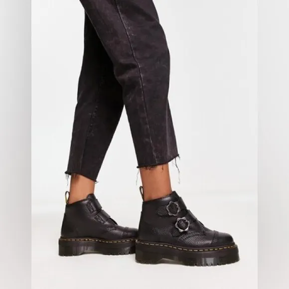 Dr. Martens Devon Flower Buckle Leather Platform Boots in Black Milled Nappa