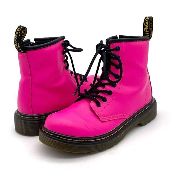 Dr. Martens Junior 1460J 8-Eye Combat Boot Hot Neon Pink Leather Girls Size 1