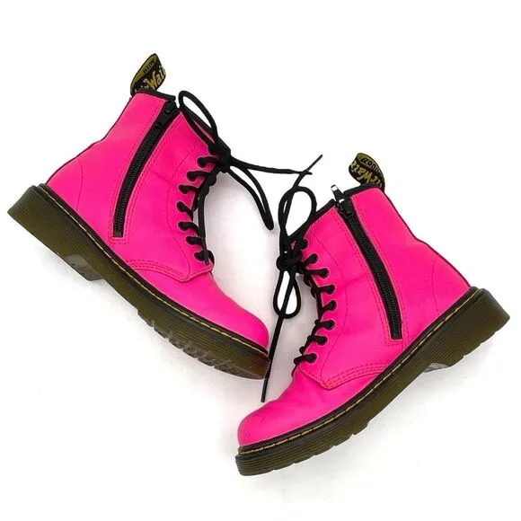 Dr. Martens Junior 1460J 8-Eye Combat Boot Hot Neon Pink Leather Girls Size 1