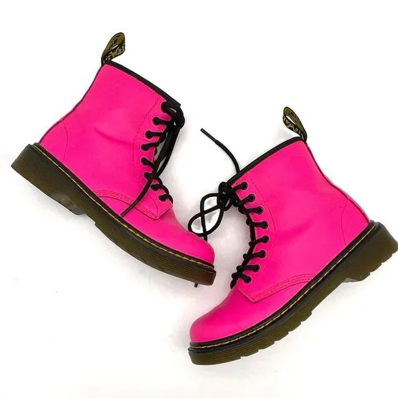 Dr. Martens Junior 1460J 8-Eye Combat Boot Hot Neon Pink Leather Girls Size 1