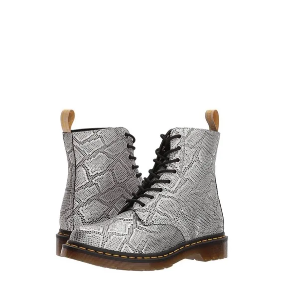 Dr. Martens Pascal 1460 Metallic Silver Snake Print Grunge Vegan Lace Up‎ Boots