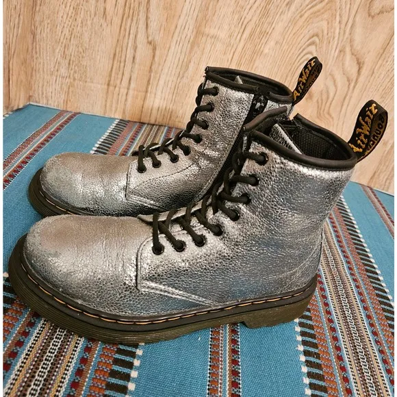 Dr. Martens Special Edition Silver Crinkle Metallic Lace-Up Boots Junior Size 3