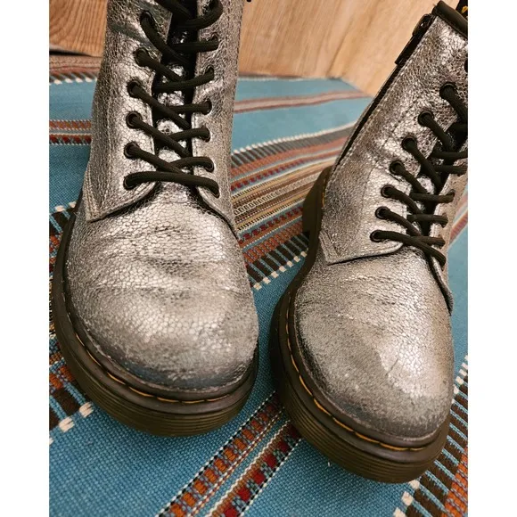Dr. Martens Special Edition Silver Crinkle Metallic Lace-Up Boots Junior Size 3