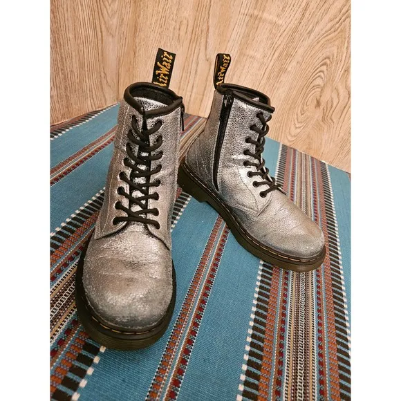 Dr. Martens Special Edition Silver Crinkle Metallic Lace-Up Boots Junior Size 3