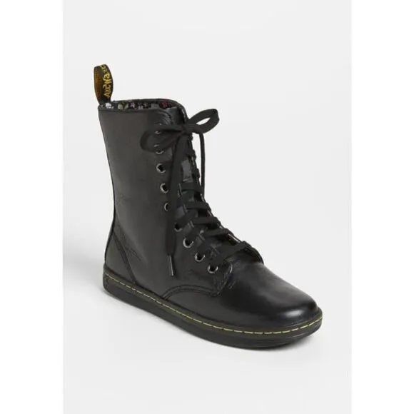 Dr. Martens Stratford Black Fold Over Floral Lined Leather Combat Boots US 7