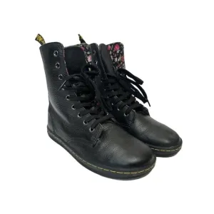 Dr. Martens Stratford Black Fold Over Floral Lined Leather Combat Boots US 7