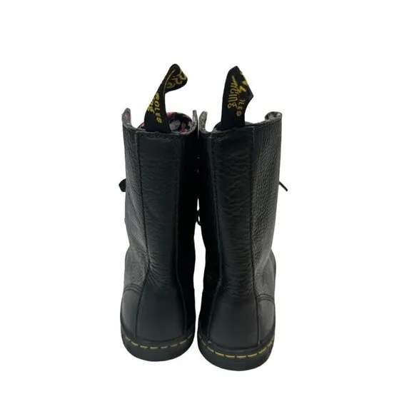 Dr. Martens Stratford Black Fold Over Floral Lined Leather Combat Boots US 7