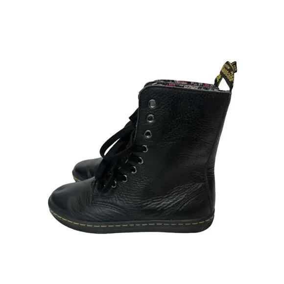 Dr. Martens Stratford Black Fold Over Floral Lined Leather Combat Boots US 7
