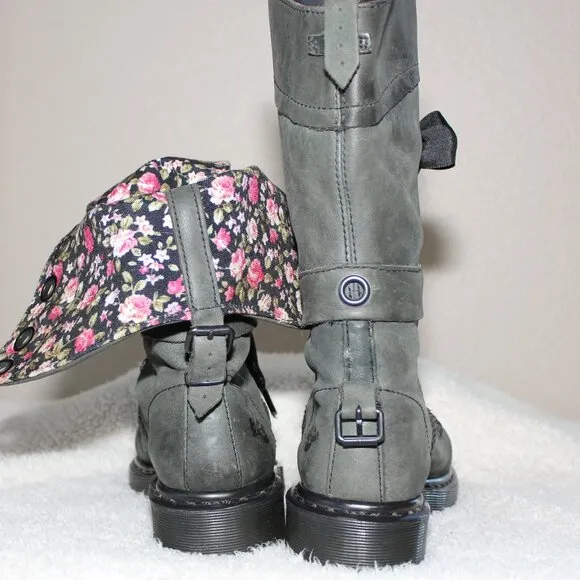 Dr. Martens Womens Triumph Green Leather Floral Fold Down Top Boots Size 7