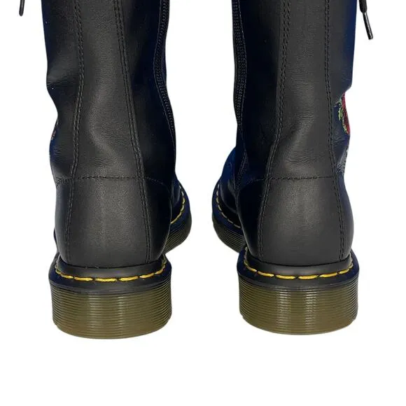 DR MARTENS Women's VANDA AW004 Mid-Calf Lace Up COMBAT BOOTS Black RED ROSES 7