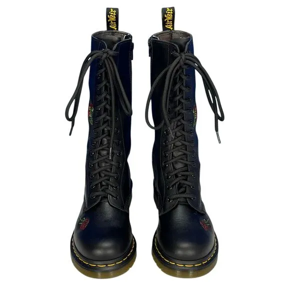 DR MARTENS Women's VANDA AW004 Mid-Calf Lace Up COMBAT BOOTS Black RED ROSES 7