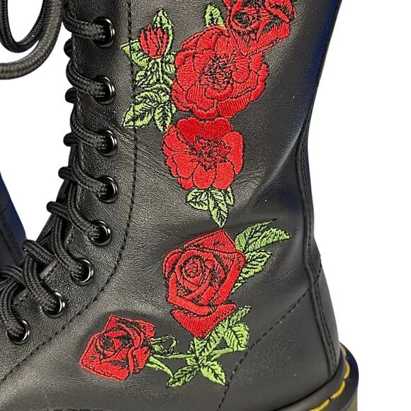 DR MARTENS Women's VANDA AW004 Mid-Calf Lace Up COMBAT BOOTS Black RED ROSES 7