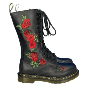 DR MARTENS Women's VANDA AW004 Mid-Calf Lace Up COMBAT BOOTS Black RED ROSES 7