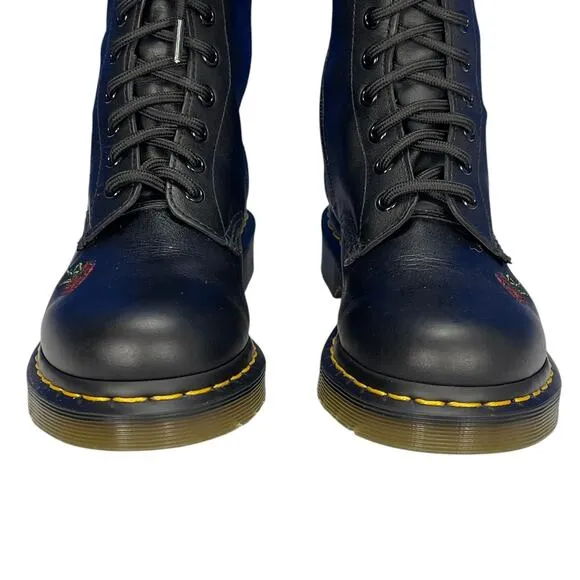 DR MARTENS Women's VANDA AW004 Mid-Calf Lace Up COMBAT BOOTS Black RED ROSES 7