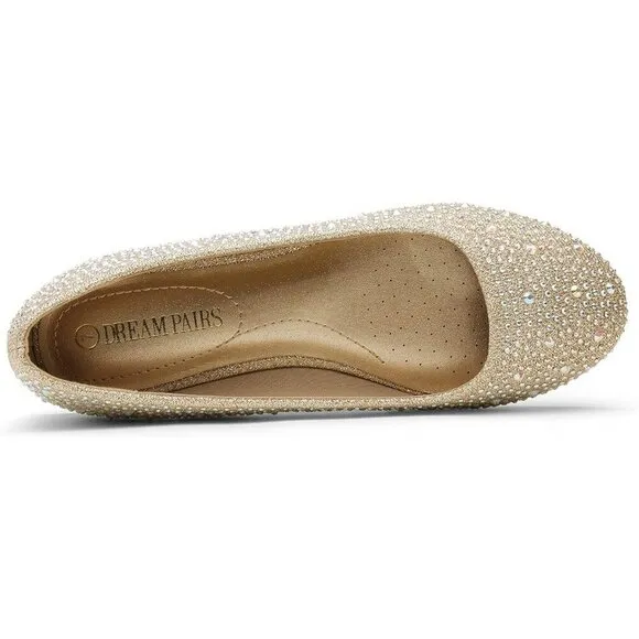 Dream Pairs Flat Shoes Women Gold Rubber Sole-Shine Rhinestone Ballet Flats Shoe
