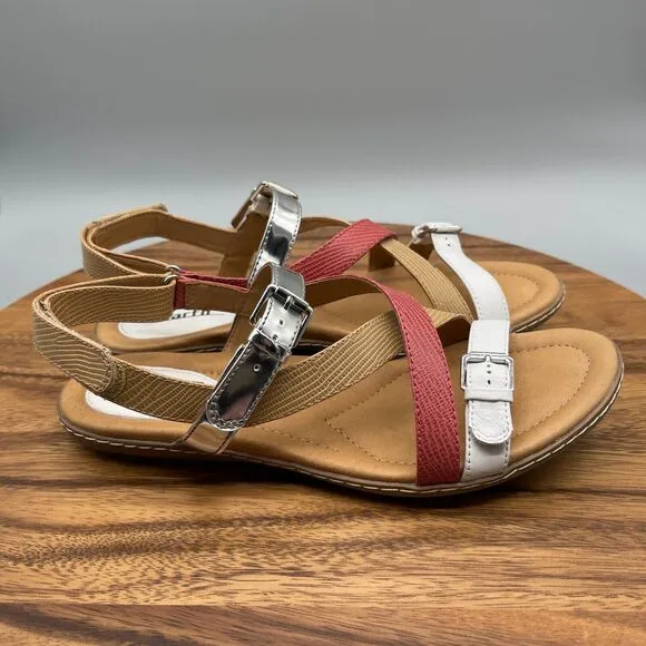 Earth Sandy Womens Size 9.5 B Leather Strappy Sandals Shoes White Multicolor