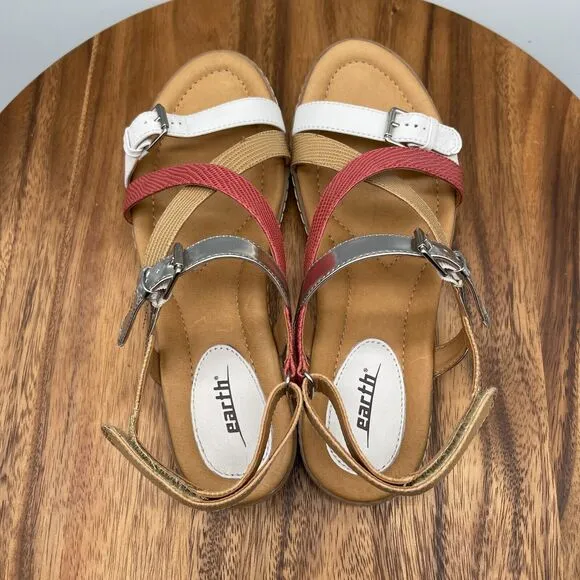 Earth Sandy Womens Size 9.5 B Leather Strappy Sandals Shoes White Multicolor