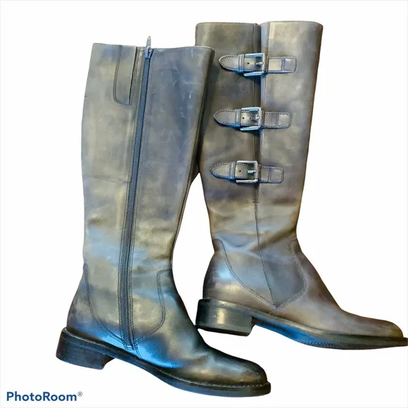 Ecco Hobart Gray Tall Leather Block Heel Boots