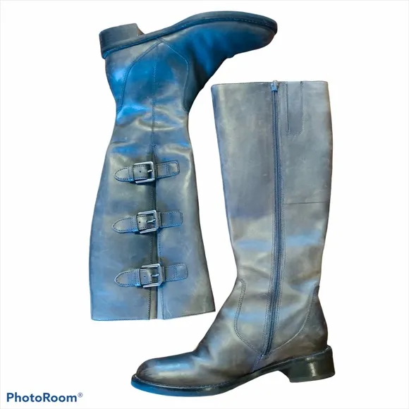 Ecco Hobart Gray Tall Leather Block Heel Boots