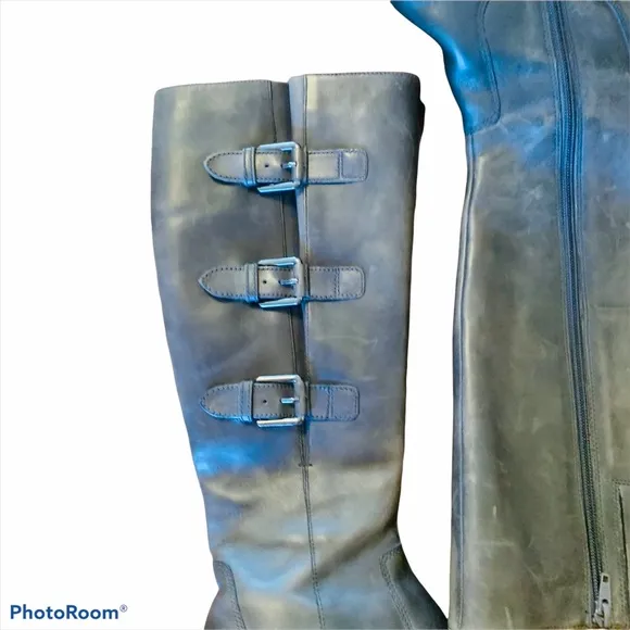 Ecco Hobart Gray Tall Leather Block Heel Boots