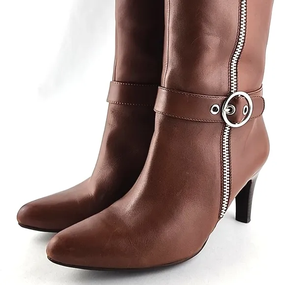 ECCO Tall Tan Leather Heeled Boots Strap &amp; Buckle Zip Feature Size 37