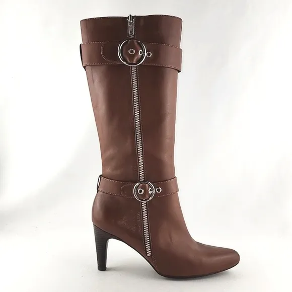 ECCO Tall Tan Leather Heeled Boots Strap &amp; Buckle Zip Feature Size 37