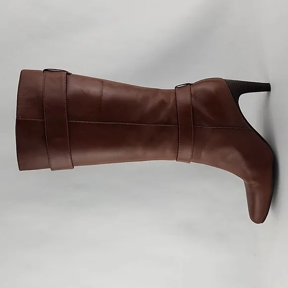 ECCO Tall Tan Leather Heeled Boots Strap &amp; Buckle Zip Feature Size 37