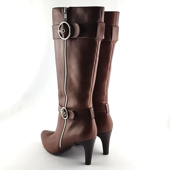 ECCO Tall Tan Leather Heeled Boots Strap &amp; Buckle Zip Feature Size 37